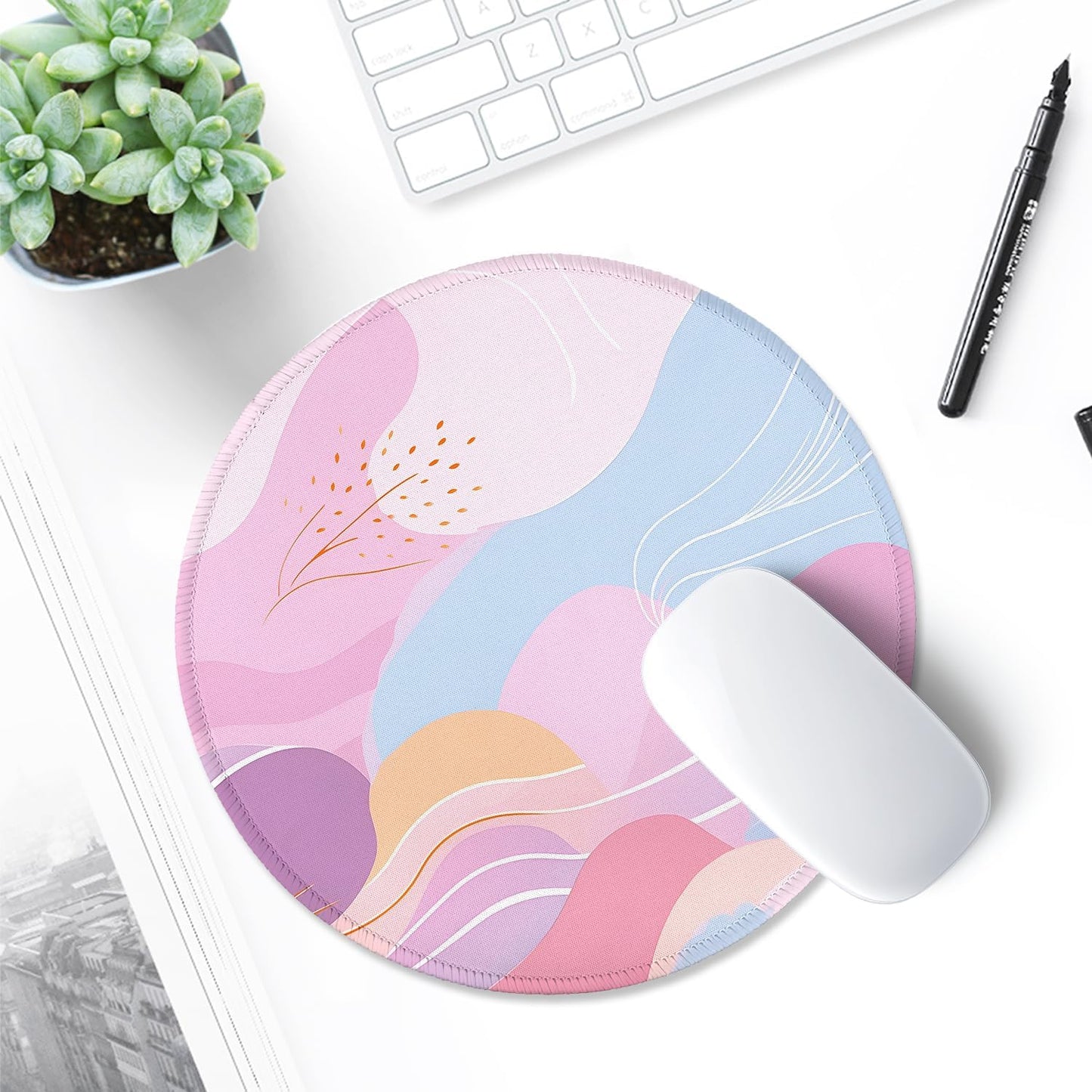 round Mouse Pad with Stitched Edge Premium-Textured Waterproof Non-Slip Rubber Base Desktop Protection Mat Diameter 8.7 Inches, Art Style Pattern